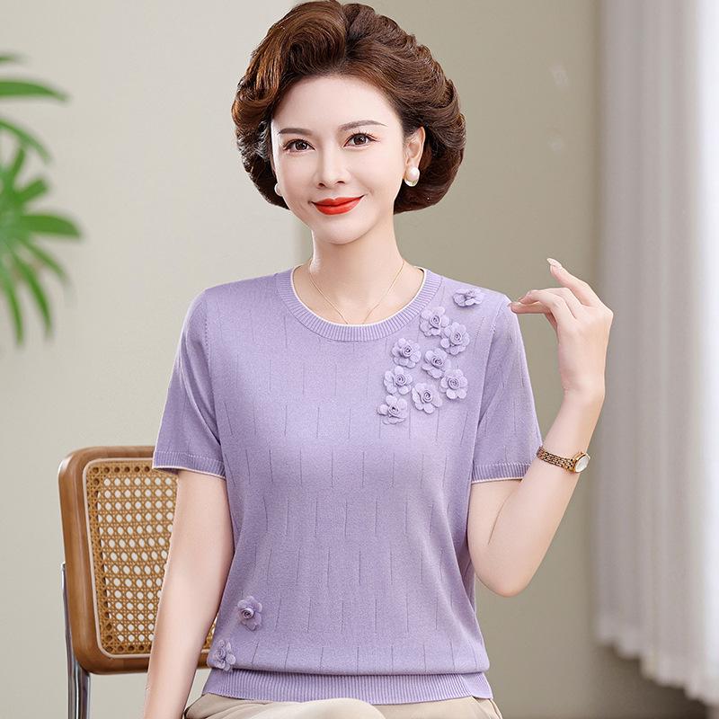 Women's Summer Loose Short Sleeve Knitwear - Ice Silk Top for Middle-Aged & Elderly