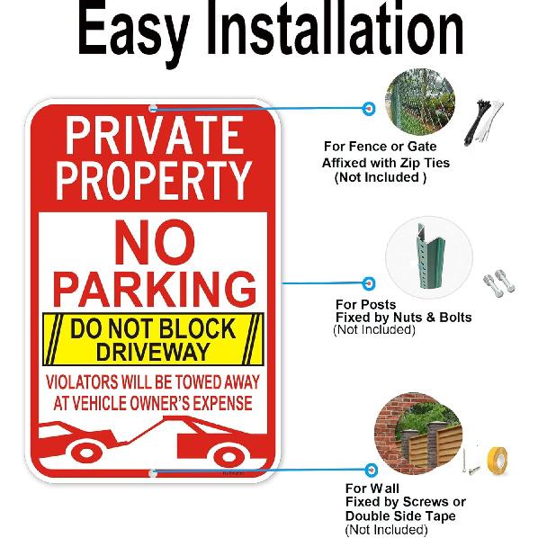 2 Pack Large No Parking Sign, Private Property Sign, Do Not Block Driveway Sign,Violators Will Be Towed Away at Vehicle Owner's Expense, 18" x 12"