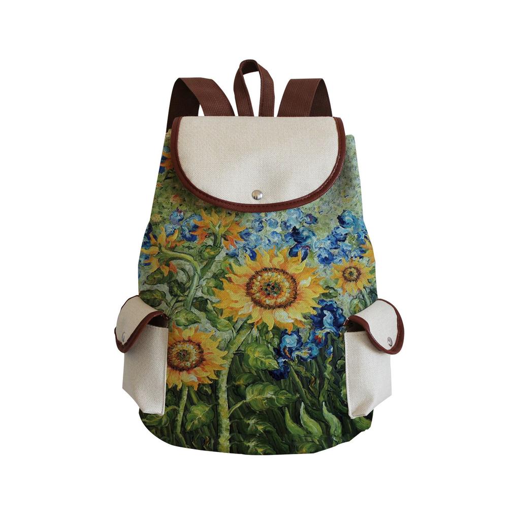 Wind Creative Van Gogh Oil Painting Print Backpack, Large-Capacity Student Schoolbag, Portable Travel Backpack