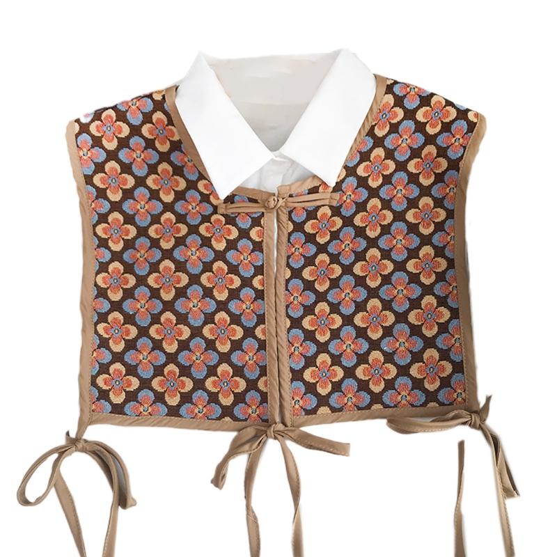 Women Chinese Embroidery Half Top Shawl Vintage Flroal Cheongsam Fake Collar Lace-Up Decorative Neck Cover Dickey Short