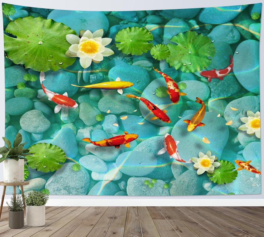Fish Tapestry Japanese Carp in Lotus Pond Tapestry Wall Hanging Flower and Green Leaf Botanical Wall Art for Bedroom Living Room