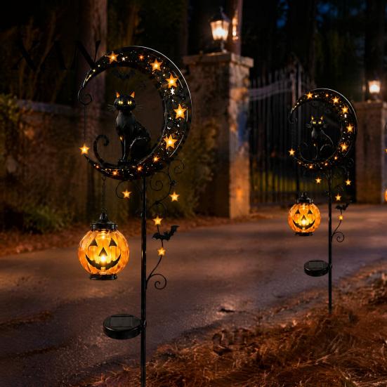 Decorative Lawn Stakes for Halloween Solar Garden Stake Light, Metal Black Cat & Pumpkin Moon Waterproof Powered Lights Decorations Patio Yard Pathway