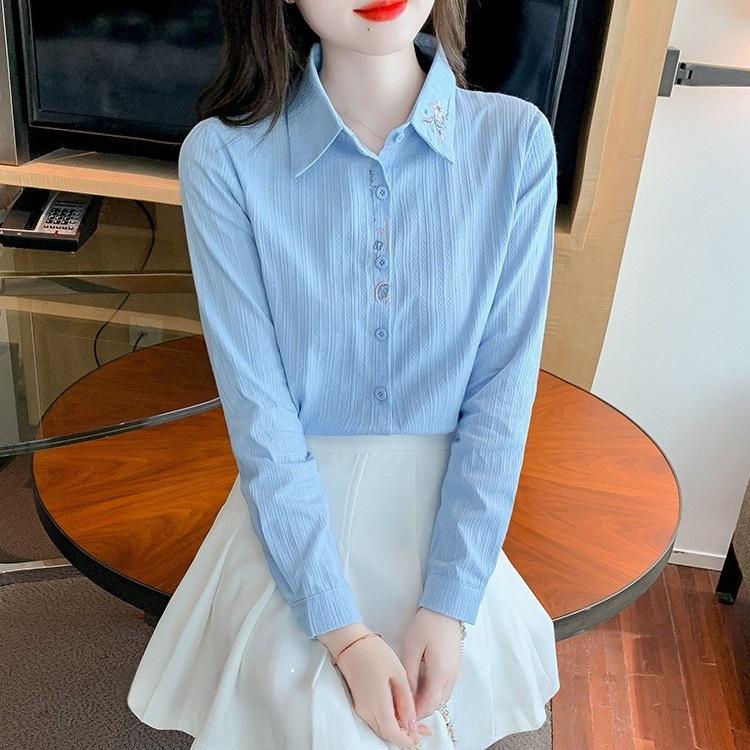 Women s Embroidered Pure Cotton Shirt - Autumn/Winter 2026 Stylish & Warm Velvet-Lined Top M