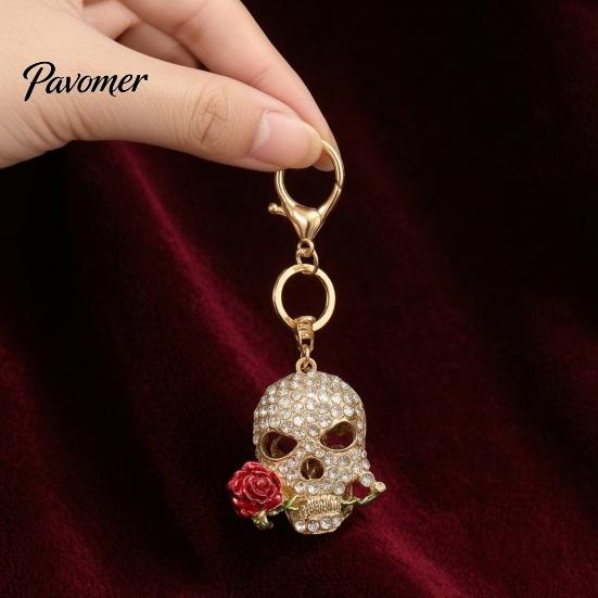 Gothic Skull Keychain Holding Rose Rhinestone for Halloween, Skeleton Bling Head Key Ring, Chain Accessory Handbags Backpacks