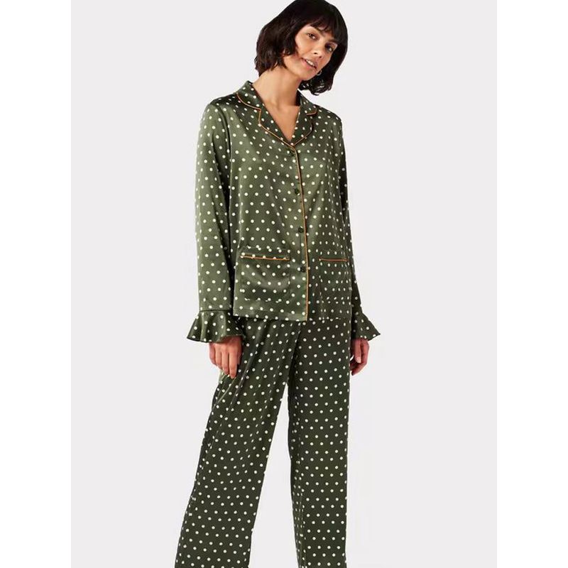 

French Accessible Luxury ~ Mari Artificial Silk Silks and Satins Pajamas Women s Suit Summer Green Polka Dot Ice Silk Long Sleeve Pants Homewear Satin green polled dot L