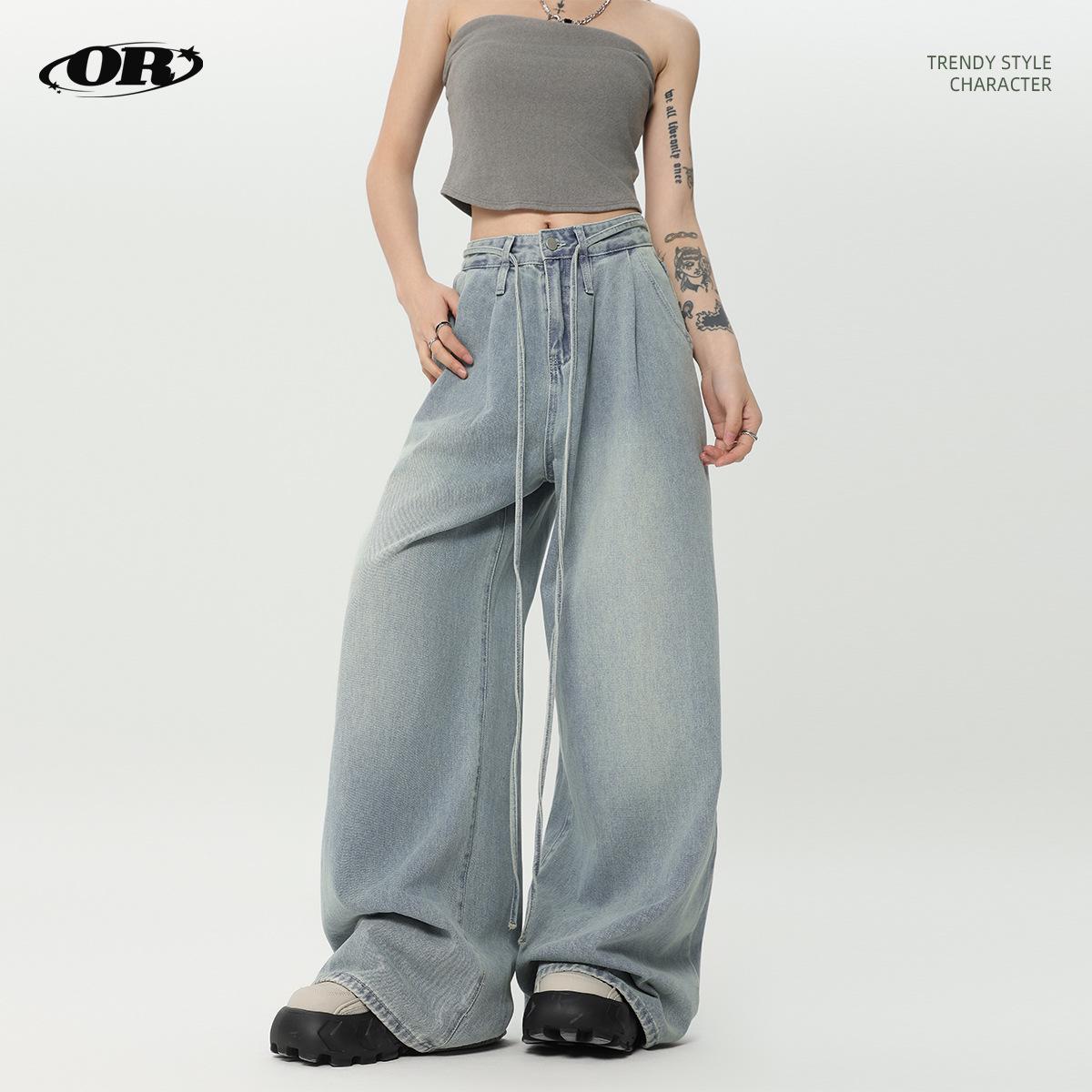 

OREETA Vintage Washed Light Blue Drawstring Wide-Leg Men s Jeans 2024 Large синій
