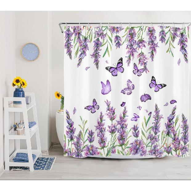 Purple Floral Shower Curtain Purple Lavender and Butterfly on White Shower Curtain for Bathroom, Rustic Flower Plant Shower Curtain Set Durable