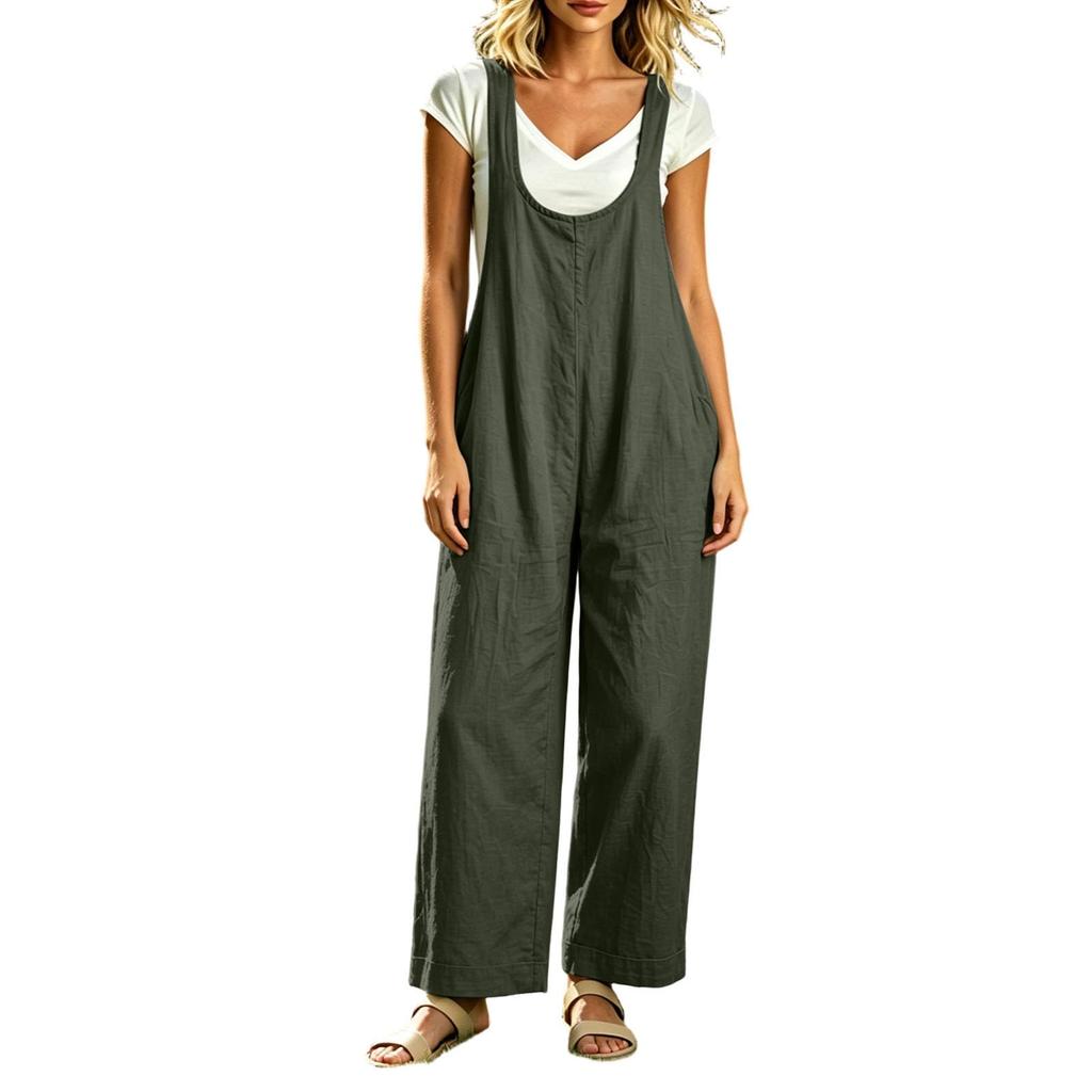 Damen Freizeit Ärmelloser Lockerer Jumpsuit mit Weiter Beinen und Taschen für den Alltag