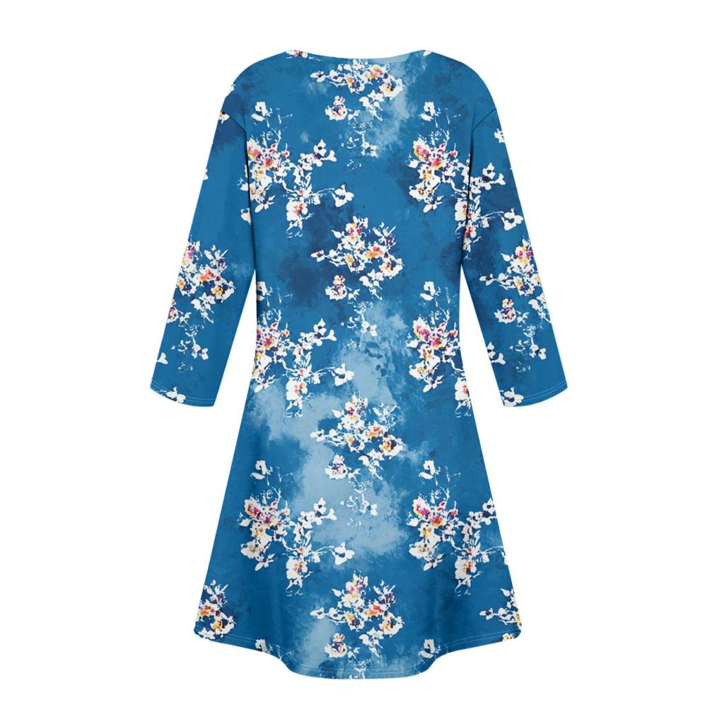Women's Fashionable V-Neck Button Seven Part Cuff Pocket Floral Dress