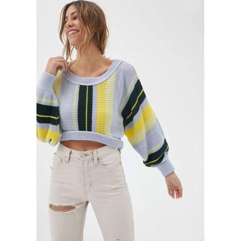 American Style UO Retro Fashion Contrast Color Stripe round Neck Pullover Short Navel Sweater Women's