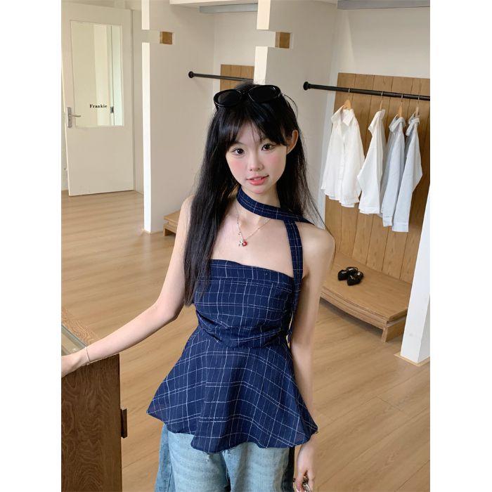 Женский клетчатый топ-халтер: Летний топ без бретелек, с оборками, с открытыми плечами 2026 Medium синий