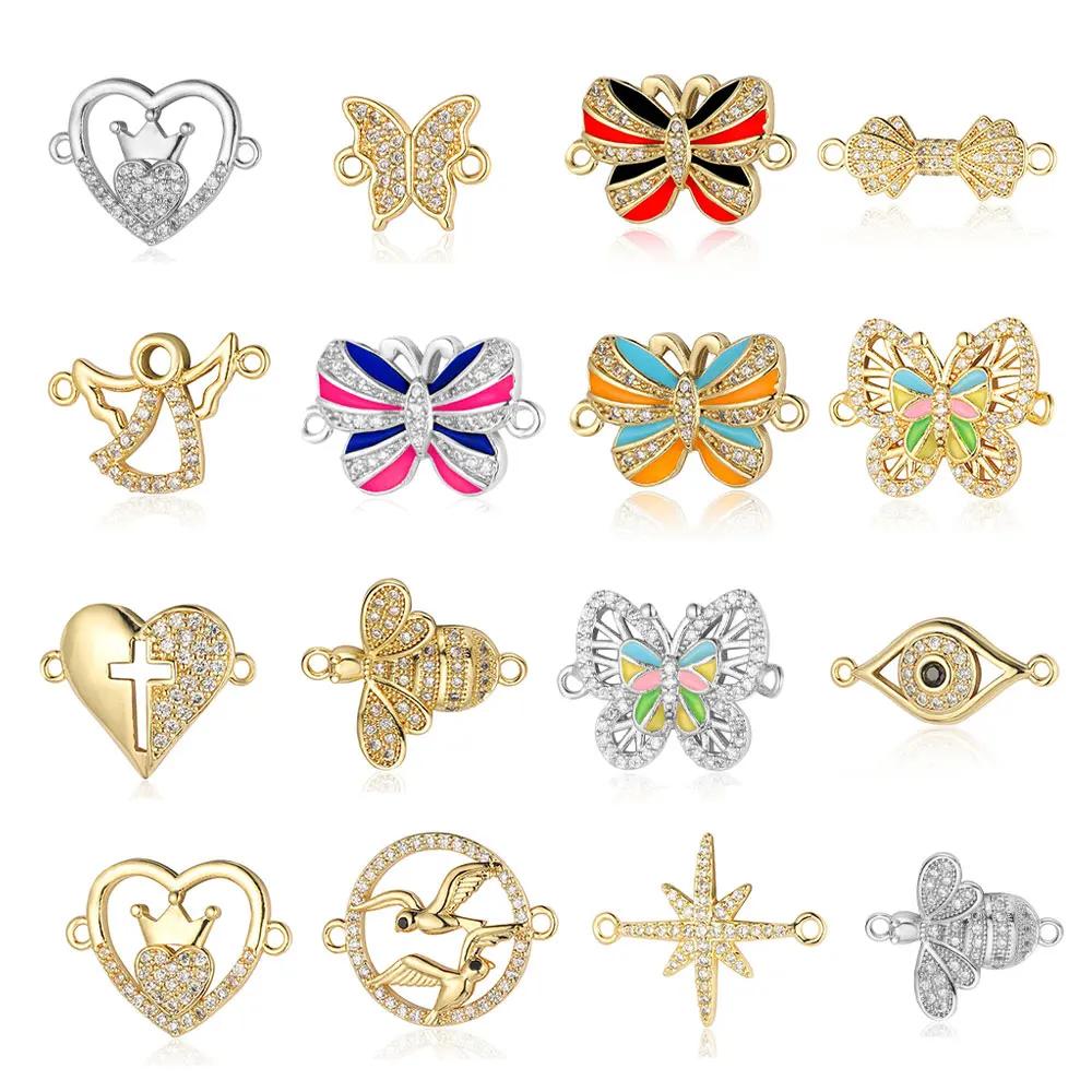 Crown Heart Bowknot Brass CZ Connector Charm Butterflry Corss Angel Bee Evil Eye Star Bracelet Making DIY Jewelry