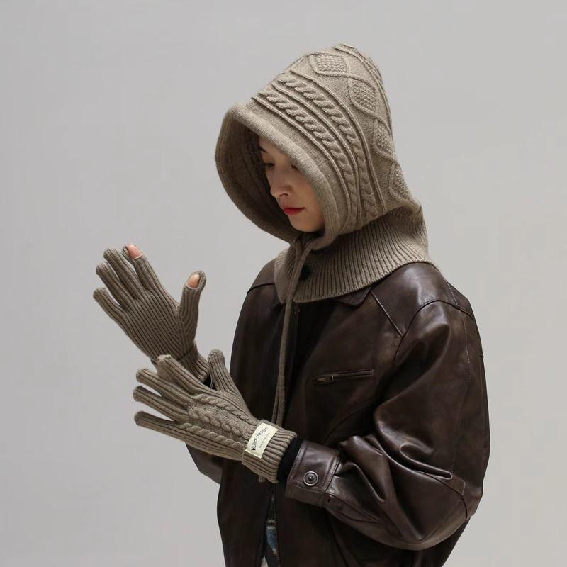 Wool Knitted Balaclava Hat with Neck Warmer Integrated Gloves Autumn Winter Neck Protection Warm Stylish Red with Gloves