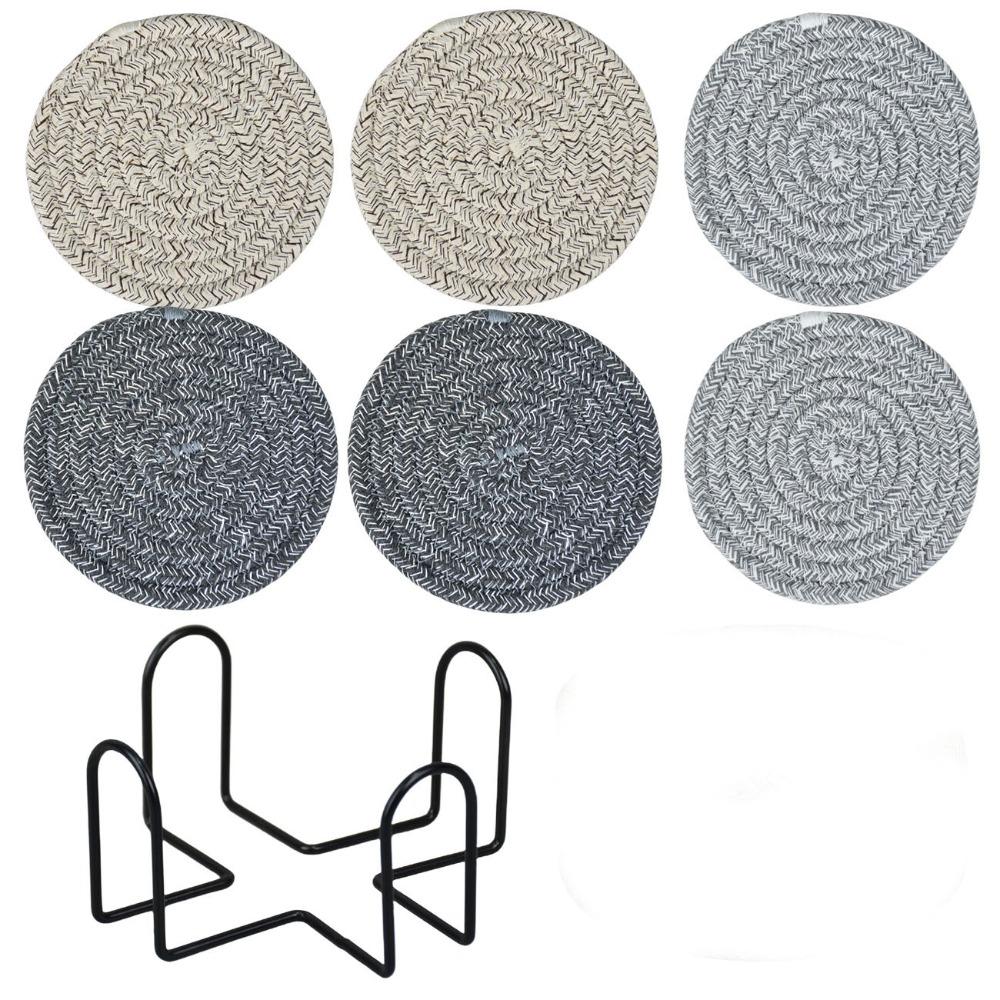 6Pcs Heat-resistant Woven Round  Coaster Set with Holder Tableware Mat Cup Coaster  Household
