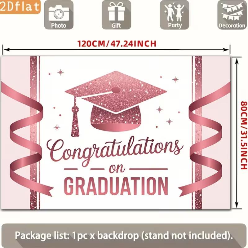 2D Graduation Party Backdrop Rose Gold Cap & Ribbon Background Cloth