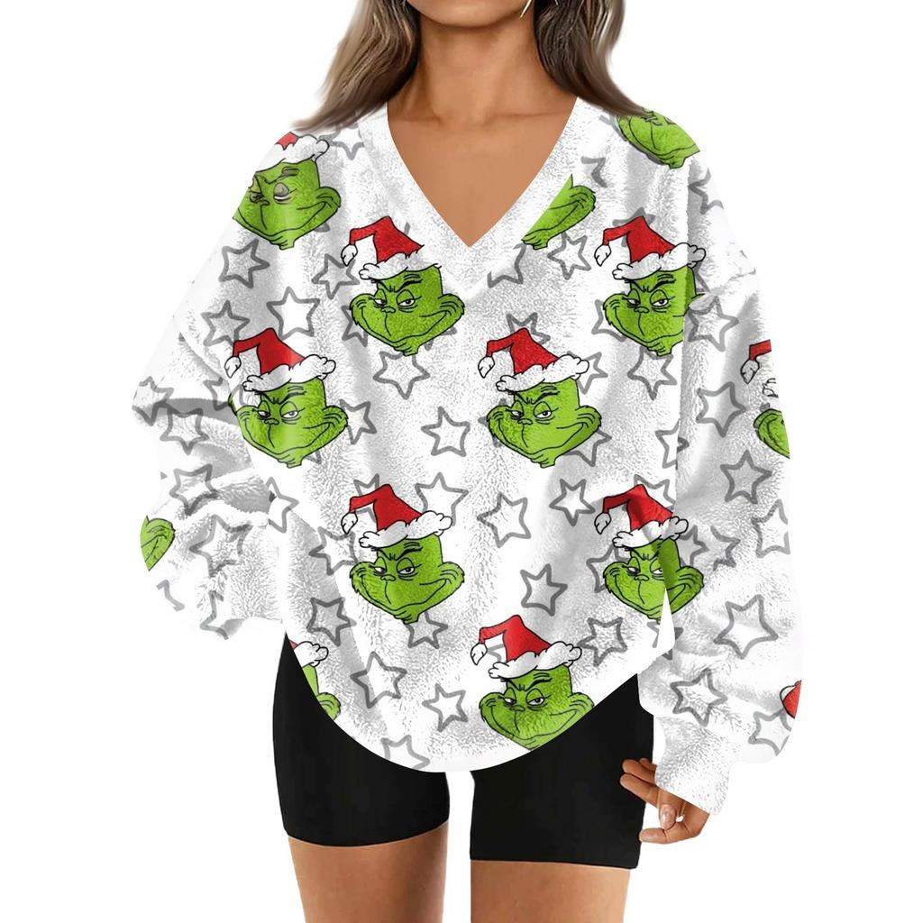 Women's Fashionable V-neck Christmas Printed Long Sleeved Casual Pullover Plush Warm Pocket Sweatshirt Top
