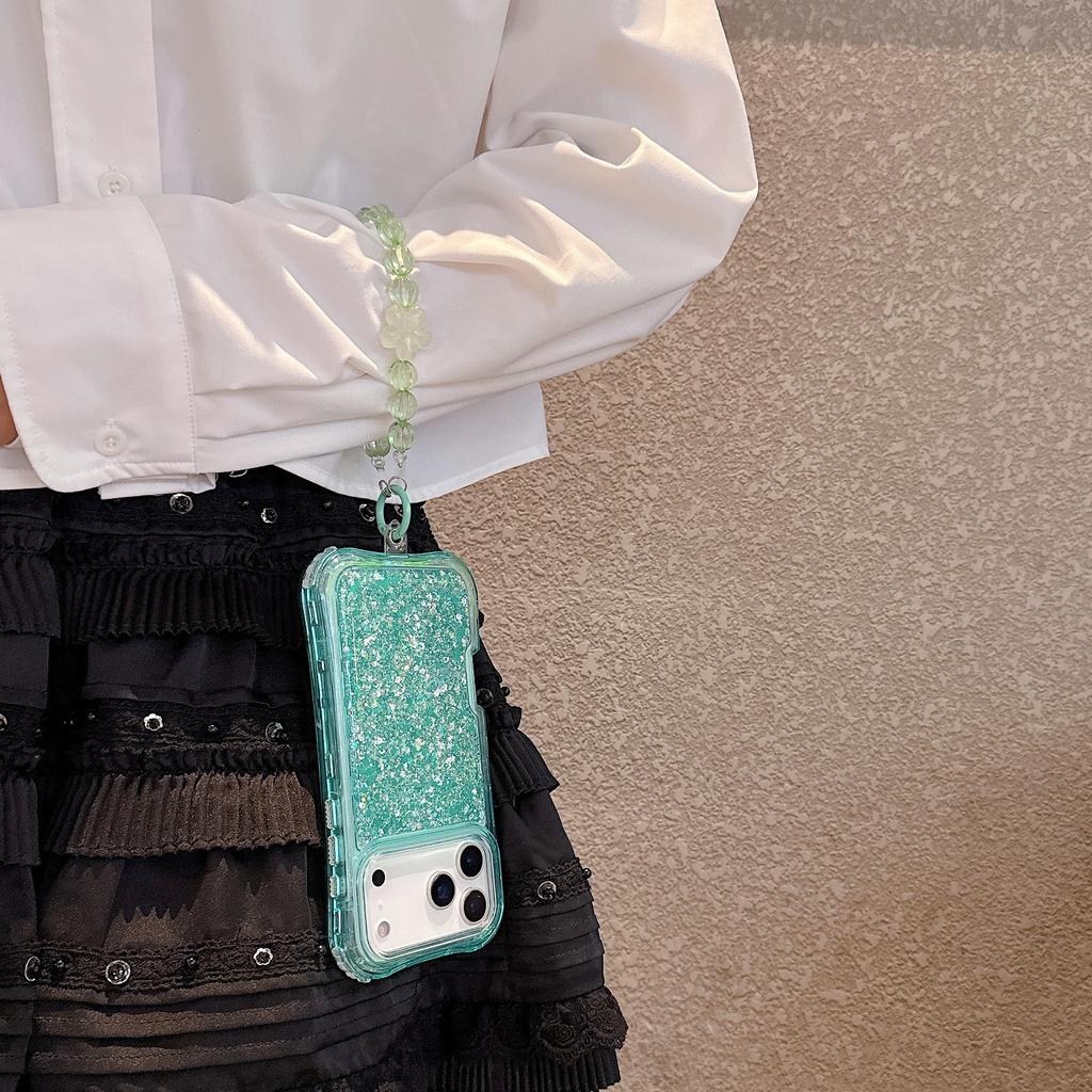 Glitter 3-in-1 Phone Case with Beaded Chain for iPhone 15 14 13 Pro Max TPU+PC Shockproof Cover