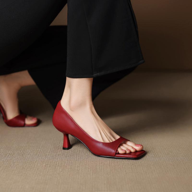 Summer casual leather sandals women's square head mid-heel casual sandals size sandals new open-toed sandals soft sole