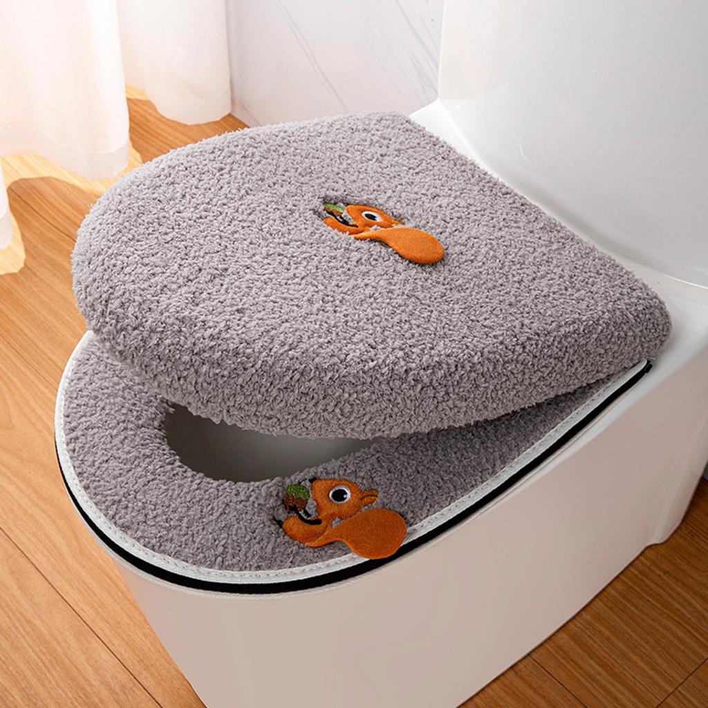 2PCS Toilet Seat Cushion Set Winter Warm Waterproof Soft Toilet Cover with Zipper and Handle Easy To Use Bathroom Accessories