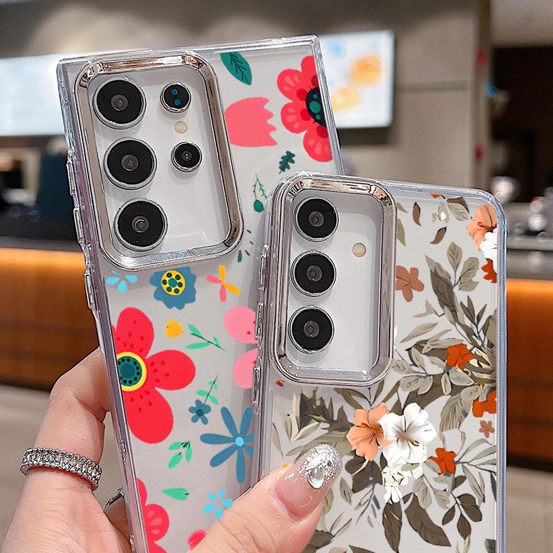 Plating Lens Petal Leaves Flower Case For Samsung Galaxy S24 S23 S22 Ultra S21 S20 FE A34 A52 A53 A14 A15 A25 A35 A55 A54 5G