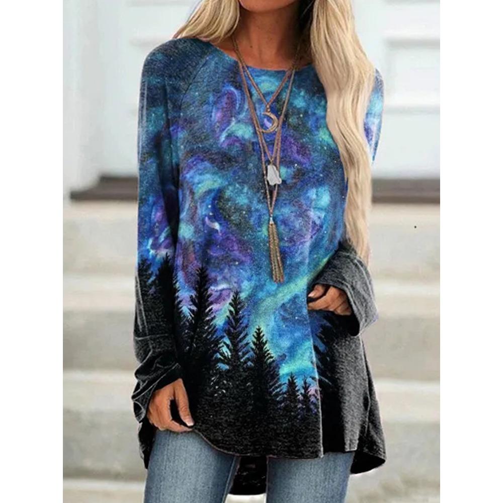 Large-sized Seaside Sunset 3D Printed Women's Round Neck Long Sleeve T-shirt Autumn Fashion Elegant Women's T-shirt Outdoor Casual Loose Top