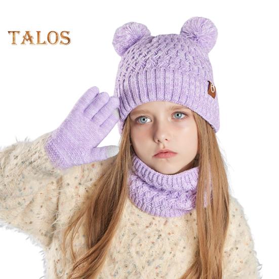 Kids Winter Hat Gloves Scarf Set Cold Weather Knitted Bear Hat with Pom Fleece Lined Neck Warmer Mitten Set for Girls Boys Ages 4-10 Outdoor