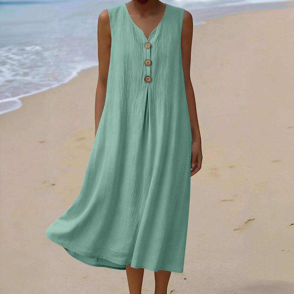 Damen Sommer Mode V-Ausschnitt Knopf Ärmellos Lässig Locker Urlaubs Küsten Kleid