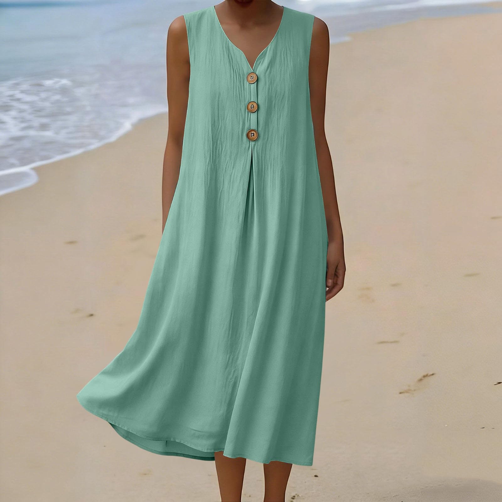 

Women s Summer Fashion V-neck Button Sleeveless Casual Loose Vacation Seaside Dress XL зелёный