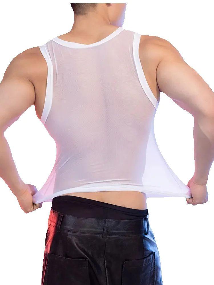 Men'S Sexy High Elastic Shaping Vest Breathable Mesh Sheer See Through Tank Tops Man Nightclub Party T-Shirts