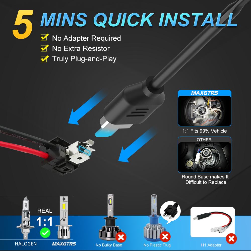 MAXGTRS 2X H1 High Power 55W Headlight Led with Fan 20000 Lumens CSP Chips white 6500K DC 9-18V Bulb
