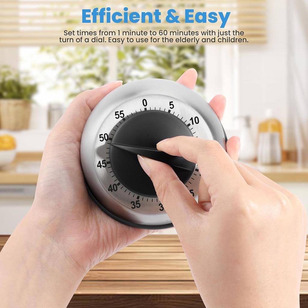 Stainless Steel Kitchen Timer 60 Minute Wind Up Black Round Shape for Cooking Baking Study Nursing Reminder No Battery Required
