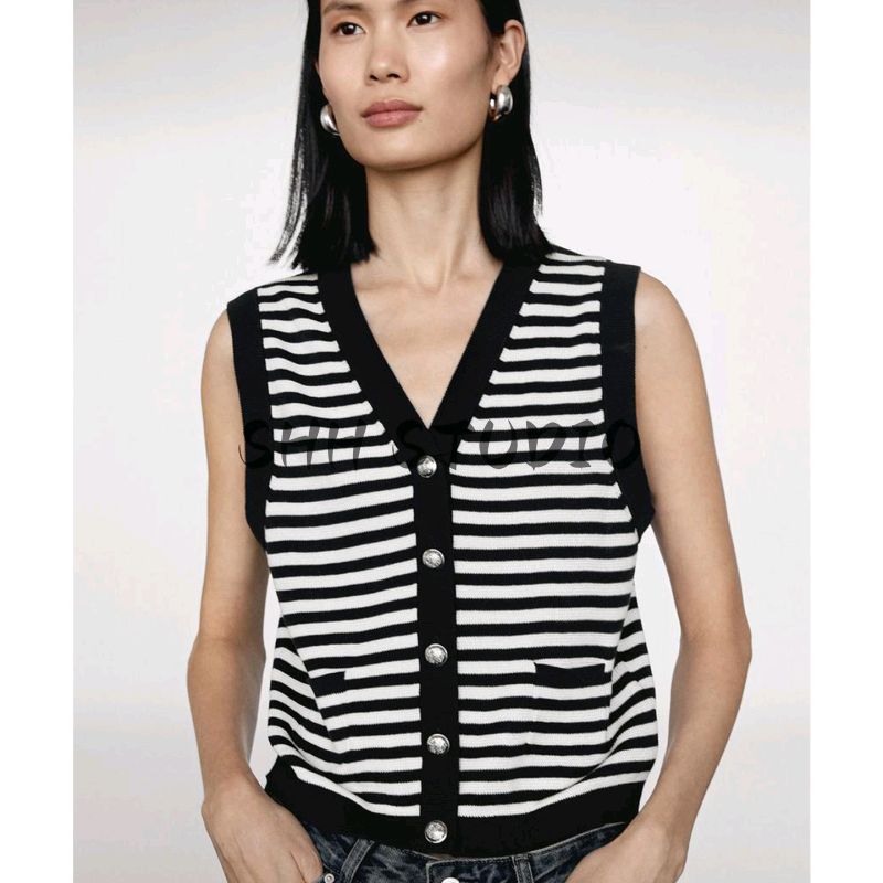 MD Summer New Arrival Women's Clothing Classic Style Gold Sense Stripes Cotton Blend V Neck Sleeveless Knitting Vest 5783800