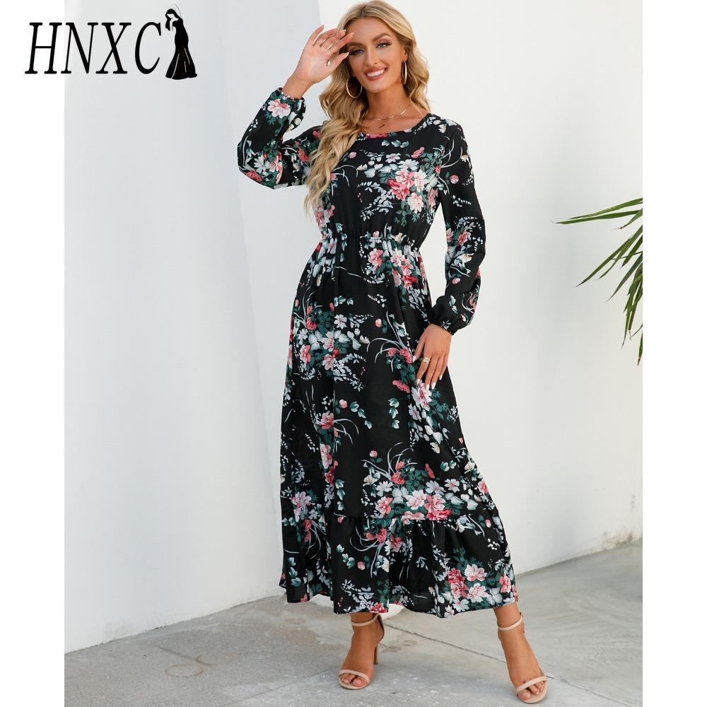 HNXC Spring Summer Bohemian Women Maxi Dress Casual Long Sleeve High Waist Beach Dress Women Floral Chiffon Dresses Vestidoes Mujer New