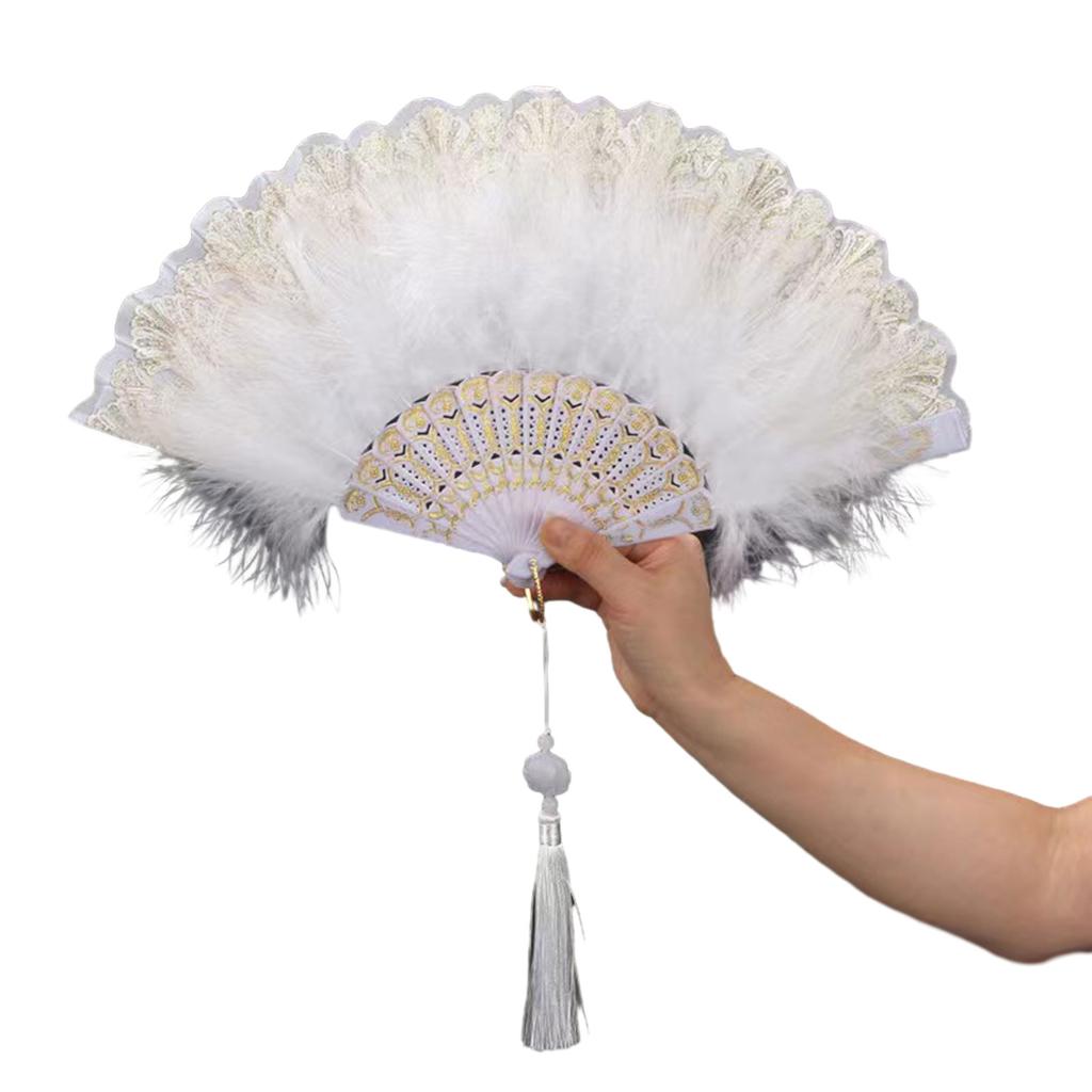 Feather Folding Fan Japanese Sweet Girl Dance Hand Fan with Pendant Tassels Gift Performances Wedding Party Decoration