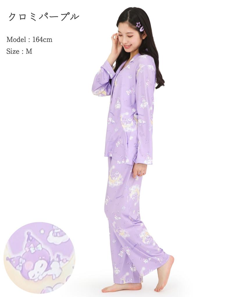 SAZAC Kuromi Shirt Pajamas, Powder Stretch, Women's, Long Sleeve and Pants Set, Loungewear (Purple/M/SAN1908)