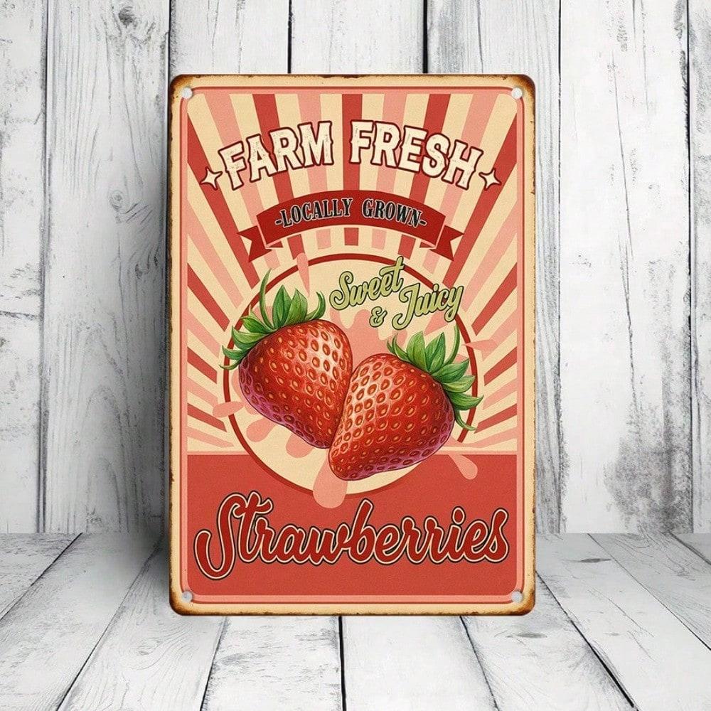 1pc Farm Fresh Strawberries Retro Tin Sign, 2D Flat Metal Wall Decor for Living Room Kitchen Outdoor, Vintage Food Festival Decoration