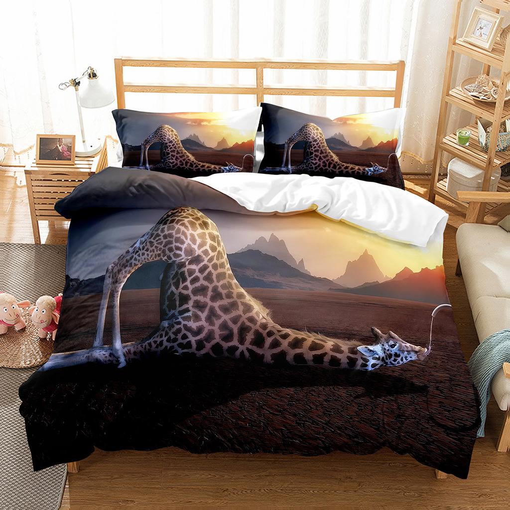 Colourful Giraffe Duvet Cover Set Cute Wild Animals Pattern Polyester Comforter Cover Single Double Size For Kids Bedding Set