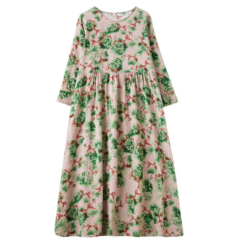 Early Spring Floral Vacation Style Travel Round Neck Retro Long Dress for Women Long Sleeved Vintage Dresses