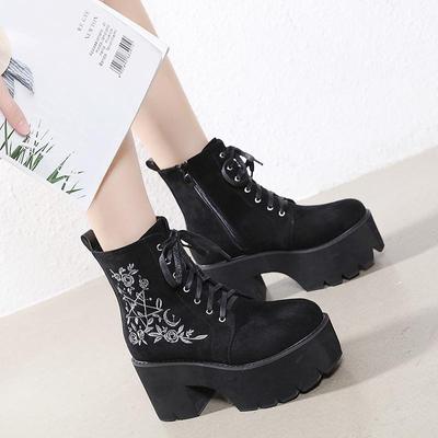 Fashion Flower Star Plateaustiefel mit klobigem Absatz, Punk-Wildleder, Damen-Gothic-Schuhe, Nachtclub, Schnürung hinten, Reißverschluss