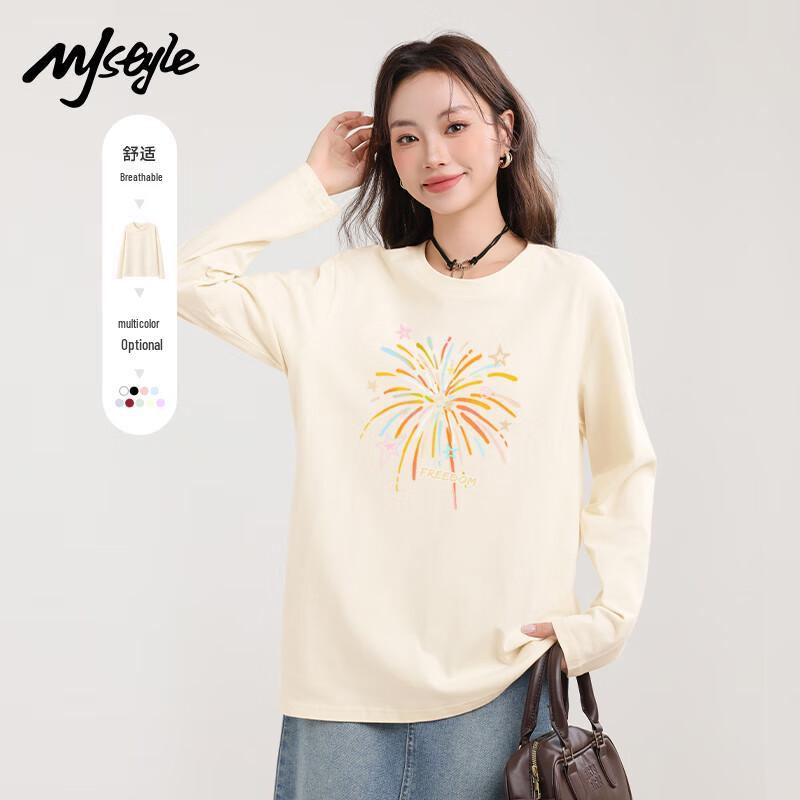 

MJ STYLE Women s Pure Cotton Round Neck Long Sleeve Drop Shoulder T-Shirt S