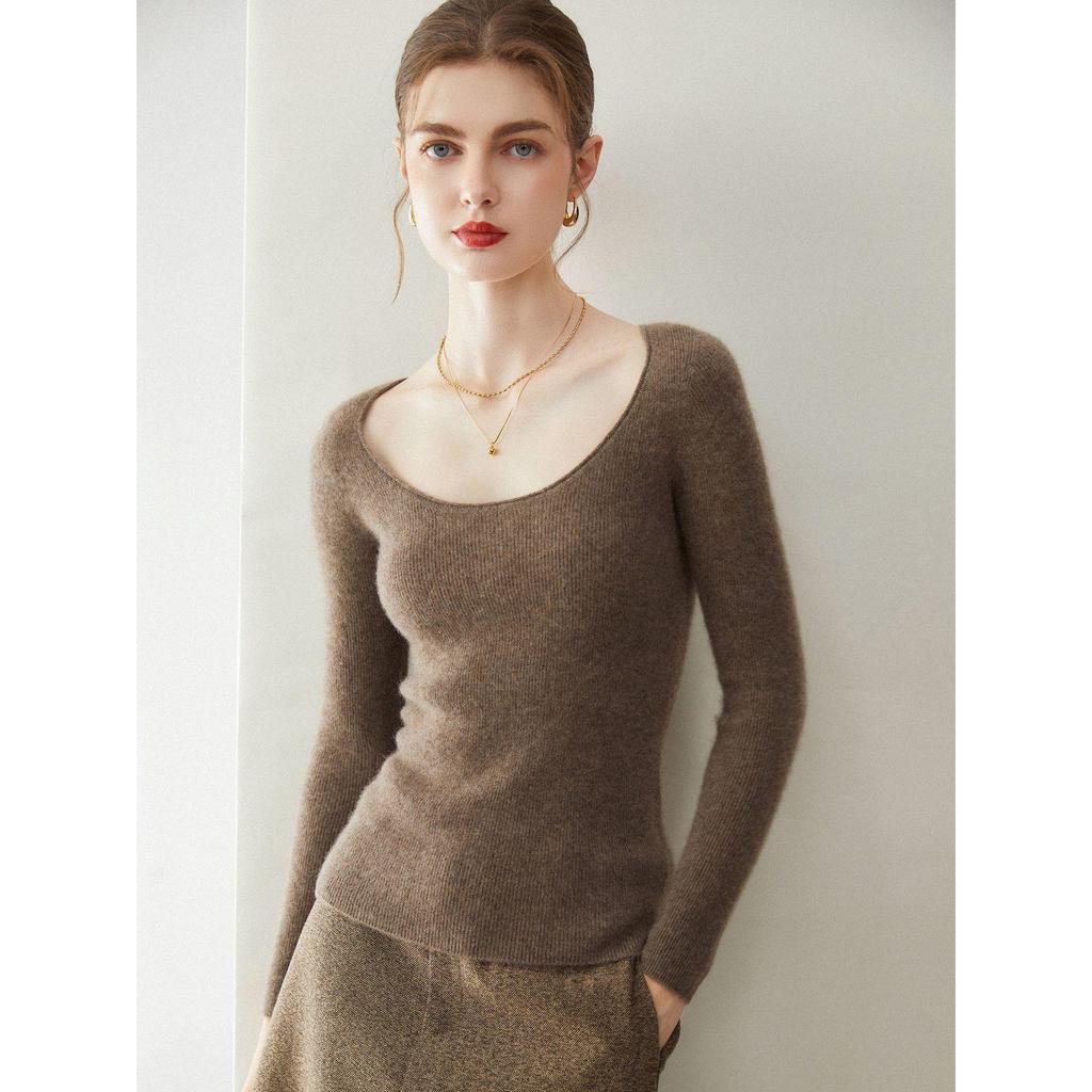 Elegant 100% Cashmere U-Neck Knit Sweater for Women - Slim-Fit, Ribbed, Soft, and Smooth