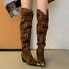 Brown Thigh High Boots Low Heels Pointed Toe Over Knee Boots Woman Leopard Fall Shoes Chunky Heels New Arrival Bottes Femme