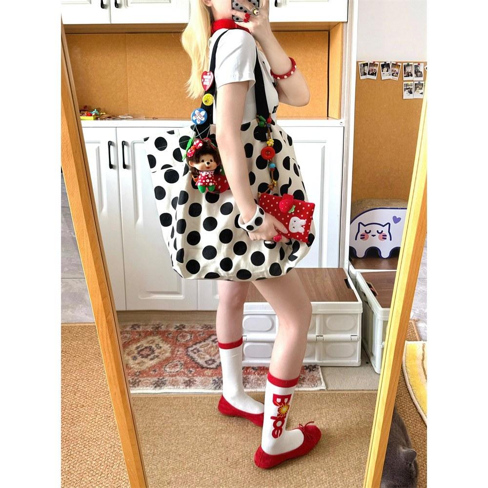 

Простая сумка через плечо в горошек, ленивый стиль, студенческий класс, сумка-тоут большой вместимости, двухсторонняя парусиновая сумка