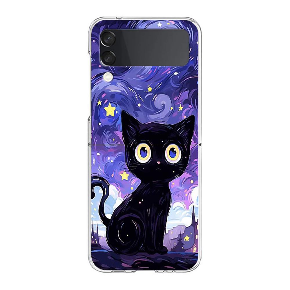 Artistic Black Cat Starry Night Phone Case For Samsung Galaxy Z Flip 3 4 5 Hard Folding Clear PC For Samsung Z Flip 6 Back Cover