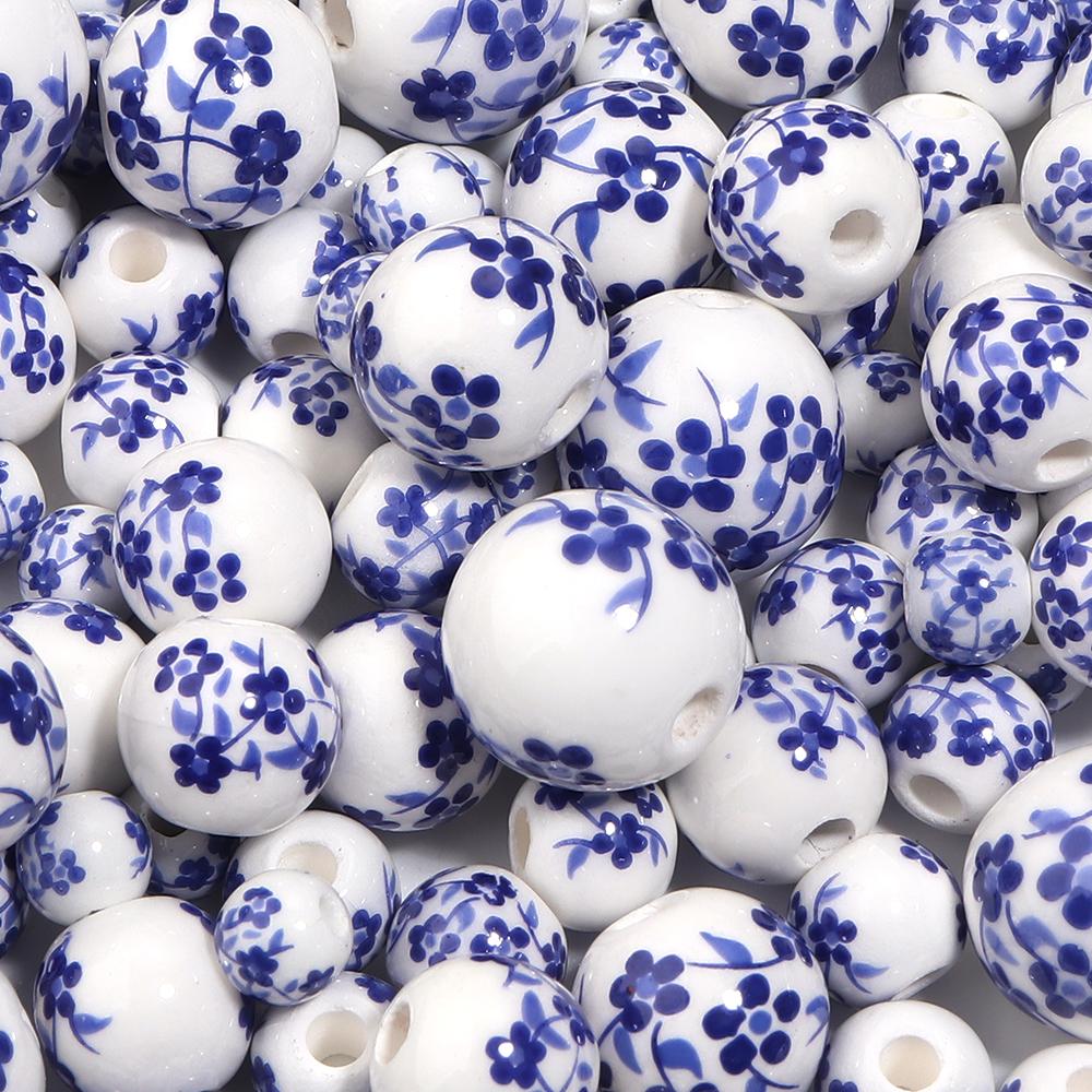 20-30pcs 6/8/10/12mm Ceramic Round Beads Colored Flower Pattern Jingdezhen Porcelain Beads For DIY Bracelet Necklace Accessories