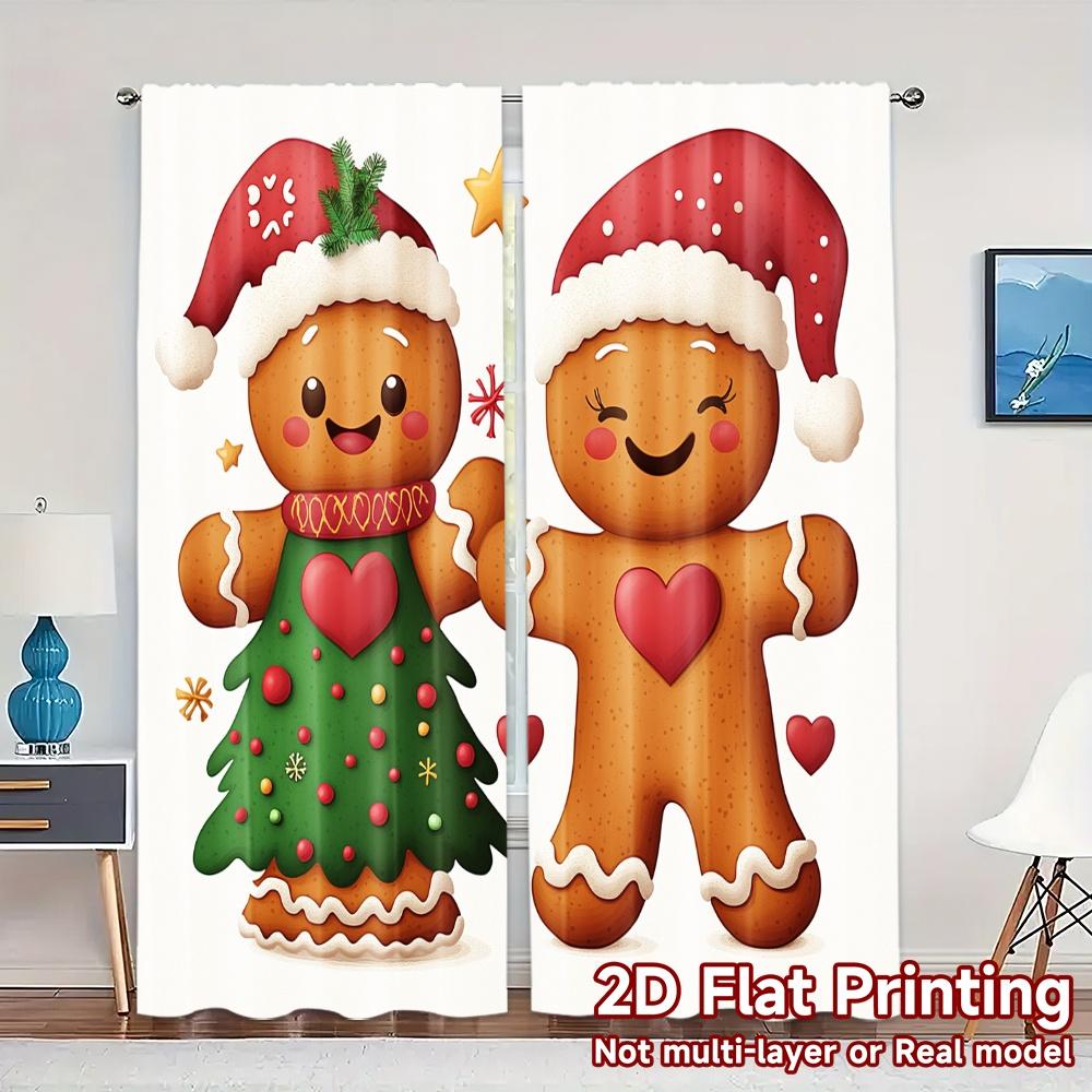 

2pcs,Curtains Cute Gingerbread Couple Heart Modern Window Curtain Machine Washable Fabric Curtains Decorations Inside Use for 52.50×116.00 CM 2pcs