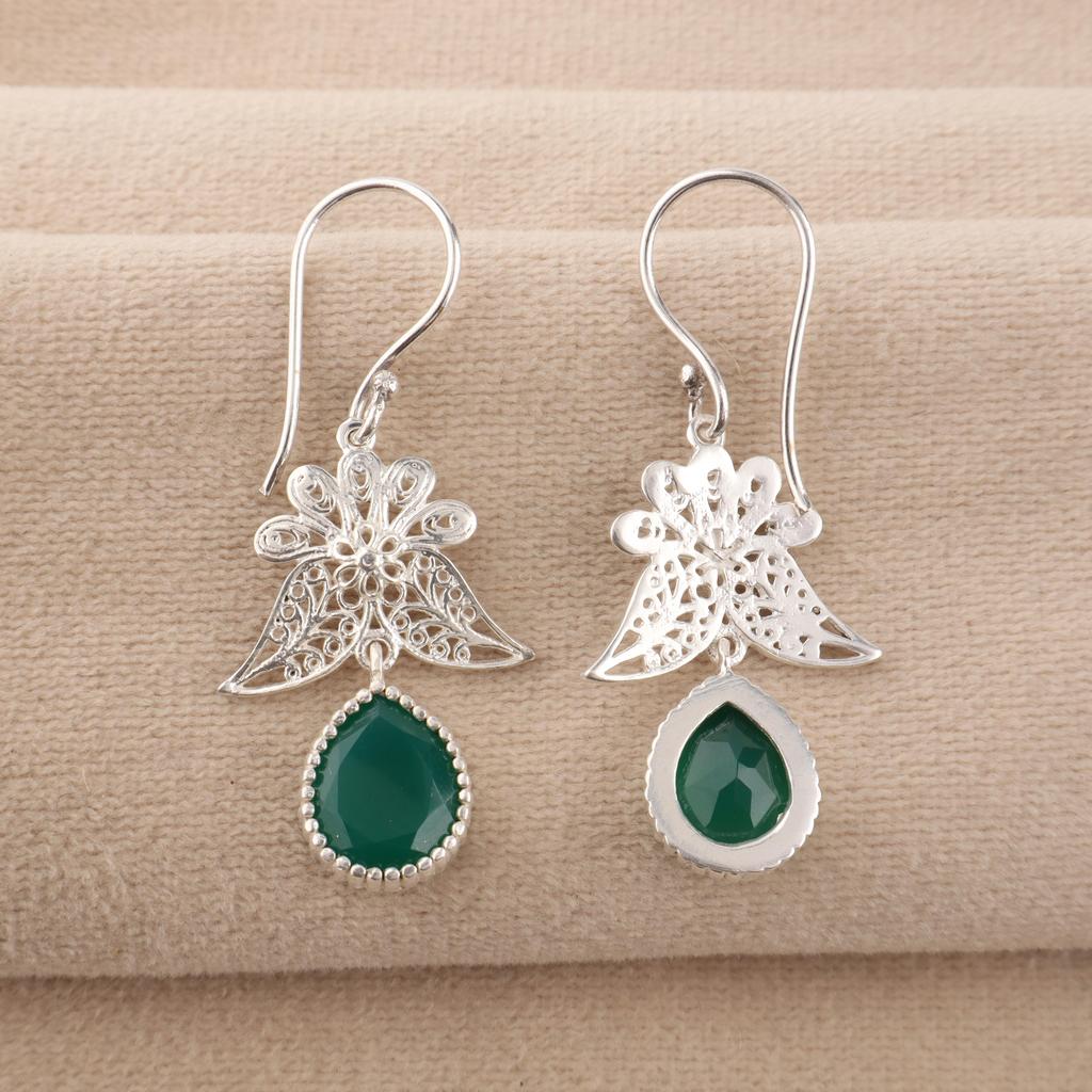 Green Onyx Gemstone 925 Sterling Silver Handmade Jewelry Dangle Earrings 1.84" May Birthmonth Jewelry For Women CE-23-15