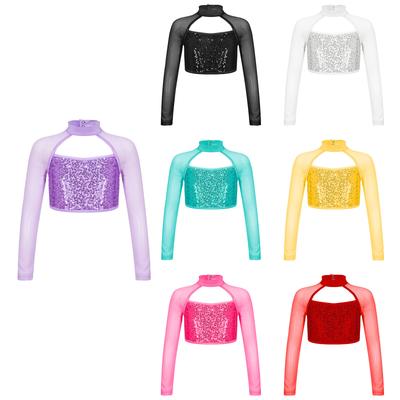 Mädchen Glitzernde Pailletten Verziertes Tanz Crop Top Langarm Rundhals Ausgeschnittenes Design Performance Top