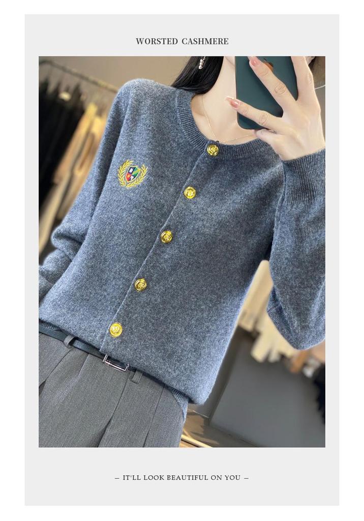 100% Wool Women's Embroidered Knit Cardigan - Spring Long Sleeve, Versatile, Thin, Solid Color