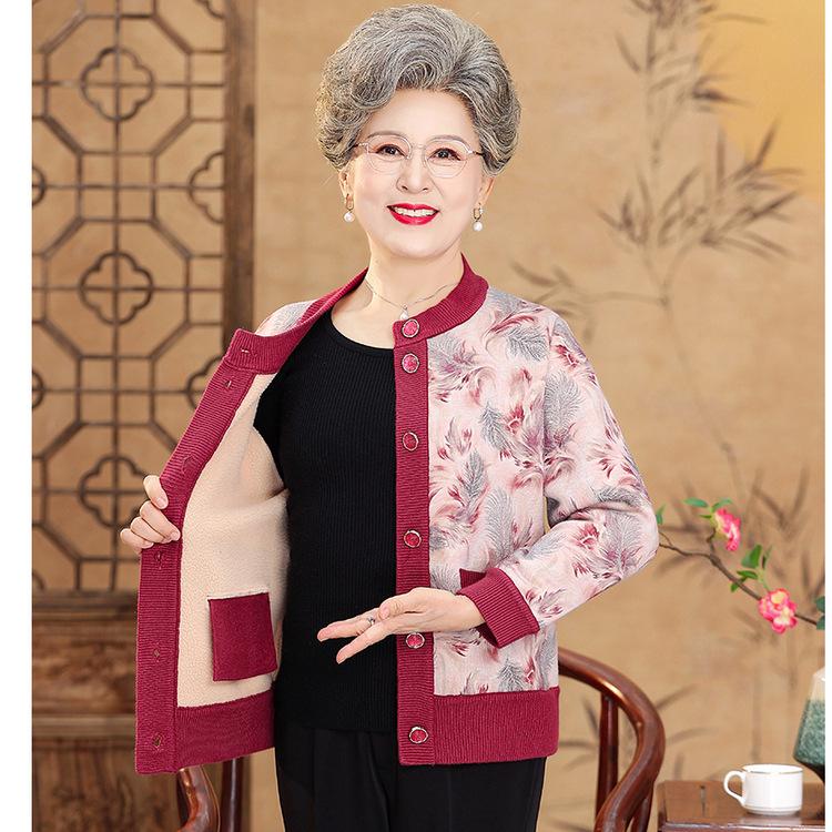 Oma Pullover im Herbst und Winter, Mantel für ältere Damen, Kaschmir-Stepp-Strickjacke für mittlere und ältere neue Mütter